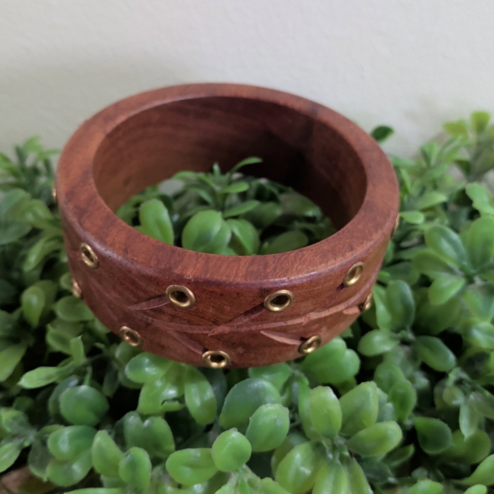 Wooden Bangle Bracelet with Gold- Tone Metal Grommets